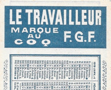 Calendrier 1919 Le Travailleur